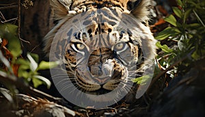 Majestic Bengal tiger staring, wild beauty in nature, close up portrait generated by AI