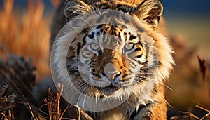 Majestic Bengal tiger walking in the wild, staring at camera generated by AI