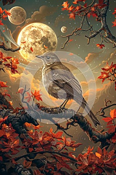 Majestic Bird Perched on Branch Against Autumnal Twilight Sky with Full Moon and Falling Leaves