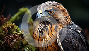 Majestic bird perching on branch, looking at camera with focus generated by AI