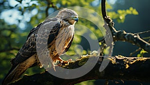 Majestic bird perching on branch, nature beauty in focus generated by AI