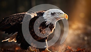 Majestic bird of prey, bald eagle, perching in natural beauty generated by AI