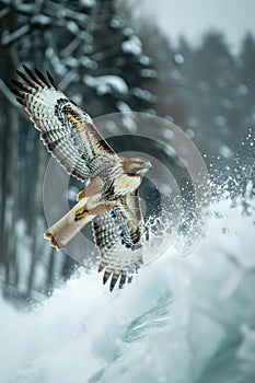 Majestic Bird of Prey in Flight Over Snow Covered Forest, Powerful Raptor Hunting During Winter, Wildlife in Natural Habitat