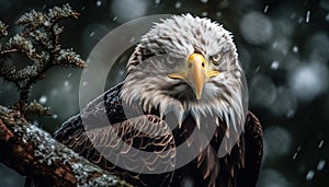 Majestic bird of prey perching on branch, close up portrait generated by AI