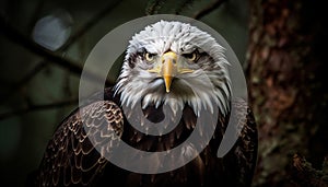 Majestic bird of prey perching on branch, talon in focus generated by AI