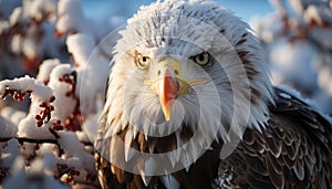 Majestic bird of prey perching on snowy branch, looking at camera generated by AI