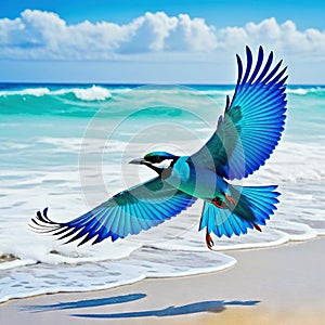 majestic bird soars above the crystal clear waters and sandy shores of a