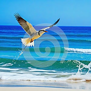 majestic bird soars above the crystal clear waters and sandy shores of a