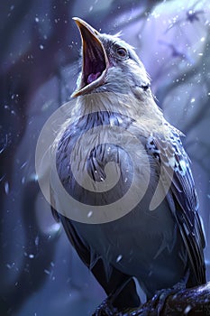 Majestic Bird Vocalizing on a Snowy Day Close Up of a Singing Bird with Snowflakes in Moody Winter Atmosphere