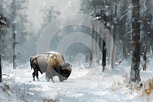 Majestic Bison animal snow forest. Generate Ai