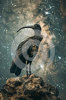 Majestic Black Bird with Curved Beak Perched on a Rock Against a Starry Night Sky Background