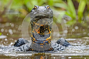 Majestic Black Caiman Surfaces in Rainy Amazon River Habitat with Raindrops Disturbing the Serene Water Surface