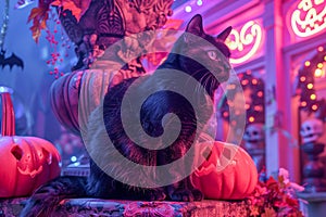 Majestic Black Cat Amidst Halloween Decorations with Pumpkins and Moody Purple Lighting
