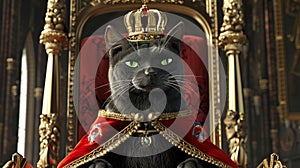 majestic black cat seated on his throne and wearing a red robe and a golden crown generative ai