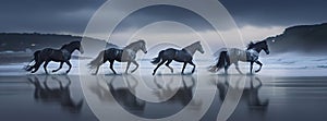 Majestic Black Horses Run on Misty Beach, AI Generative