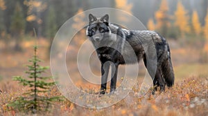 Majestic black wolf, elusive predator in the Canadian Rockies\' wilderness beauty, Banff, Lake Louise, Alberta, Canada