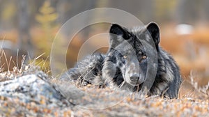 Majestic black wolf in the stunning Canadian Rockies wilderness, a predator of the wil