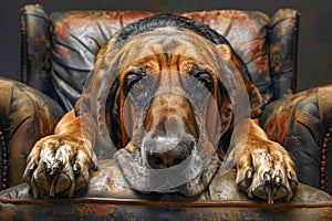 Majestic Bloodhound Dog Lounging on a Vintage Leather Sofa with a Thoughtful Expression and Vivid Colors