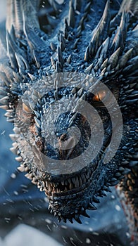 A majestic blue dragon with piercing orange eyes commands attention, its sharp teeth and intense gaze creating a photo