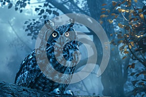 Majestic Blue Owl Perched on Tree in Mysterious Misty Forest with Glimmering Autumn Leaves photo