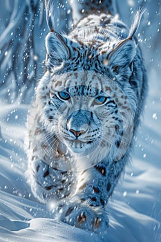 Majestic Blue Snow Leopard Walking in a Snowy Landscape with Detailed Fur Texture and Intense Gaze