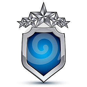 Majestic blue vector emblem with five silver decorative pentagon