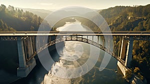 Majestic Bridge Spanning Over A Serene River In A Misty Forest Landscape. Generative AI