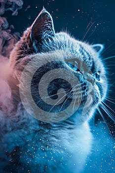 Majestic British Shorthair Cat in Ethereal Blue Light with Magical Glittering Effect Portrait of a Feline Deep in Thought