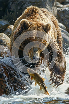 Majestic Brown Bear Catching Salmon in a Rushing River with Splashing Water Wildlife in Action