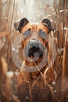 Majestic Brown Dog with Soulful Eyes Amidst Snow Flurried Tall Grass in Nature