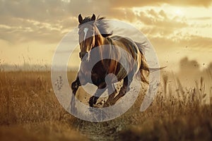 Majestic Brown Horse Galloping Freely in Golden Sunset Lit Field, Display of Equine Grace and Power