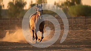 Majestic Brown Horse Galloping Through Golden Hour Farmland