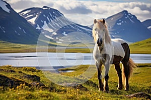 A majestic brown and white horse stands proudly on top of a lush green field, Icelandic horse in the scenic nature landscape of