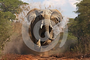 majestic bull elephant charging through open savannah