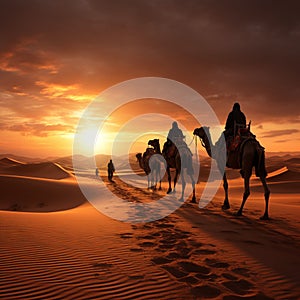 Majestic camel caravan against a desert sunset, Dubai skyline silhouette