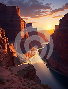 a majestic canyon landscape, with towering cliffs, a winding river, and a radiant sunset casting a warm glow on the rugged terrain