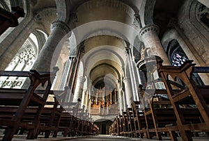 Majestic Carcassone cathedral interiors. Sun light. photo