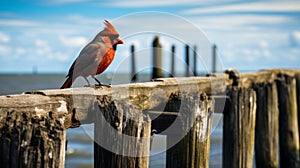 Majestic Cardinal Perched On Weathered Pier