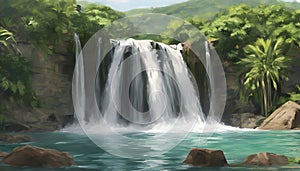 Majestic Cascade: Stunning Waterfall Cascading into a Serene Pool and Green Landscape, Generative AI photo