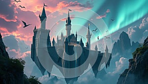 A majestic castle floats in the sky, surrounded by clouds and craggy mountains generated photo