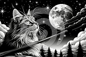 Majestic Cat Gazing at Night Sky with Full Moon and Stars