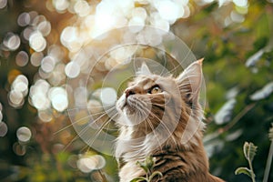 Majestic cat gazing upwards among nature