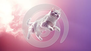 A Majestic Cat\'s Graceful Leap In Pursuit Of An Elusive Red Laser Dot Amidst Pastel Shades Of Purple