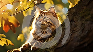 A majestic cat under tree standing tall in forest