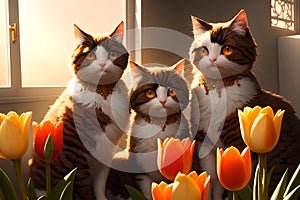 Majestic cats in elegant setting, sun setting outside the window. AI generated