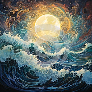 Majestic Celestial Body Suspended Above Intricate Network of Ocean Waves