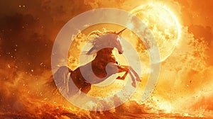 A majestic centaur beneath the sun employing the rule of thirds to frame an innovative advertisement for cryptocurrency merging