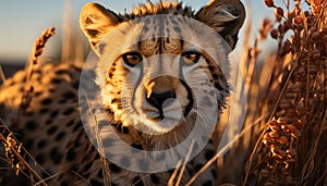 Majestic cheetah, beauty in nature, staring at sunset, wild generated by AI