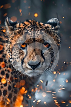 Majestic Cheetah Face Close Up with Intense Gaze and Striking Orange Eyes Amidst Shimmering Bokeh Background