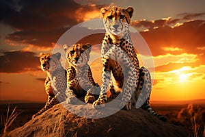 Majestic cheetah family roaming the african savannah at dusk